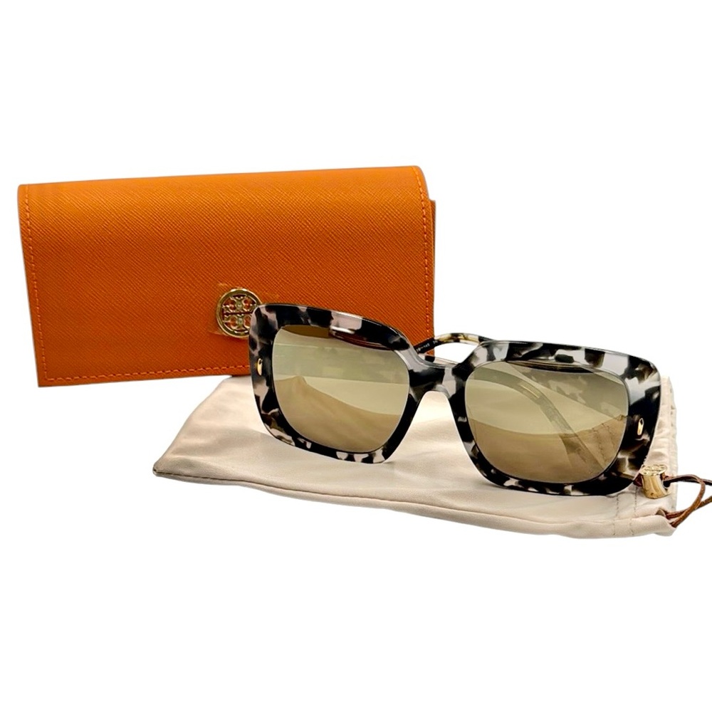 Tory Burch Tortoiseshell Square Sunglasses with Orange Case